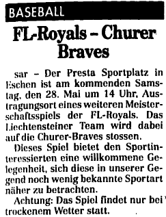FL Royals Baseballspiel gegen die Braves Chur (28. Mai 1994)