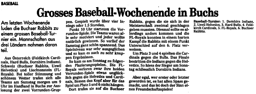 Baseball: Liechtenstein/Buchs SG: FL Royals bei den Rabbits Buchs (4. Oktober 1994) - Quelle: www.vaterland.li (Medienhaus Liechtenstein)