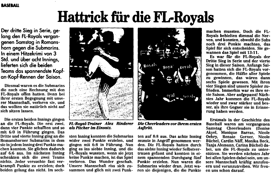 FL Royals gegen Romanshorn Submarines (19. Juli 1994) - Quelle: www.vaterland.li (Medienhaus Liechtenstein)